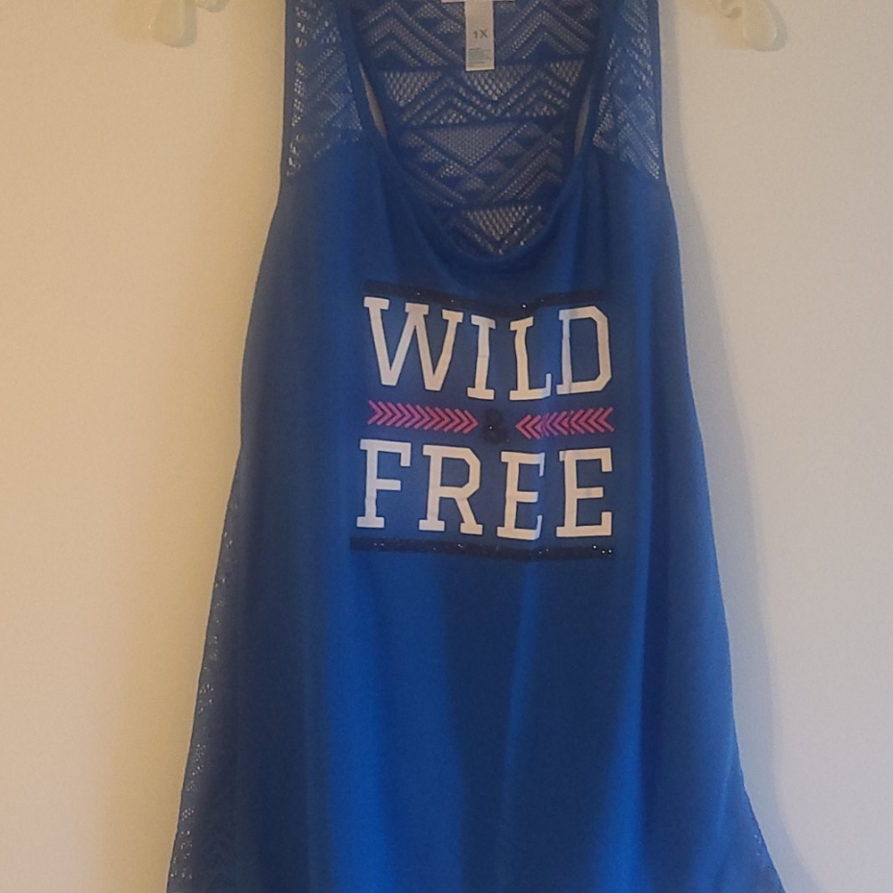 Blue tank top with lace sides and back